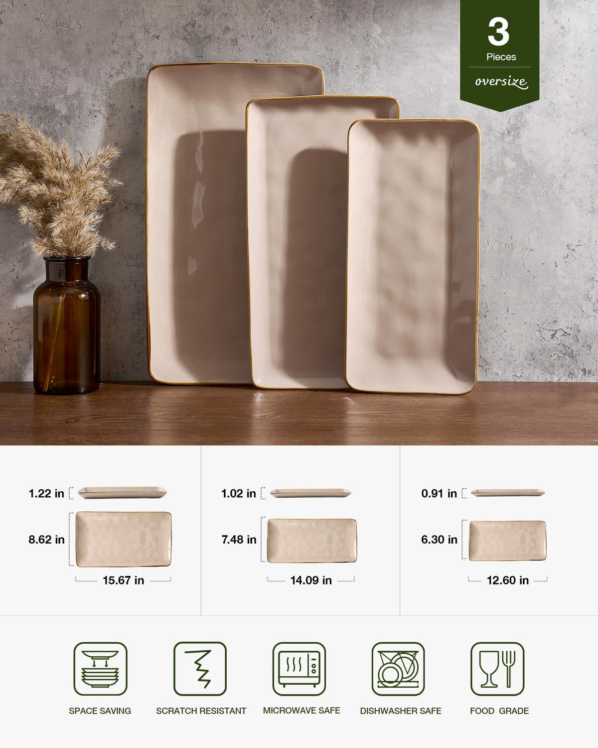 Serving Platters Set of 3 Sizes - Rectangular, Cinnamon Brown