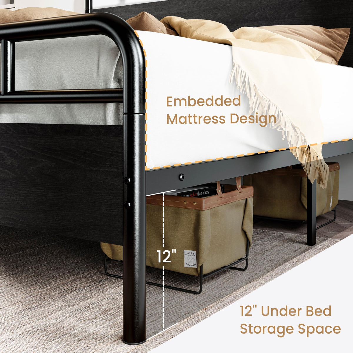 Bed Frame with Vintage Industrial Wood Headboard, Heavy Duty Metal Platform with 12" Under-Bed Storage