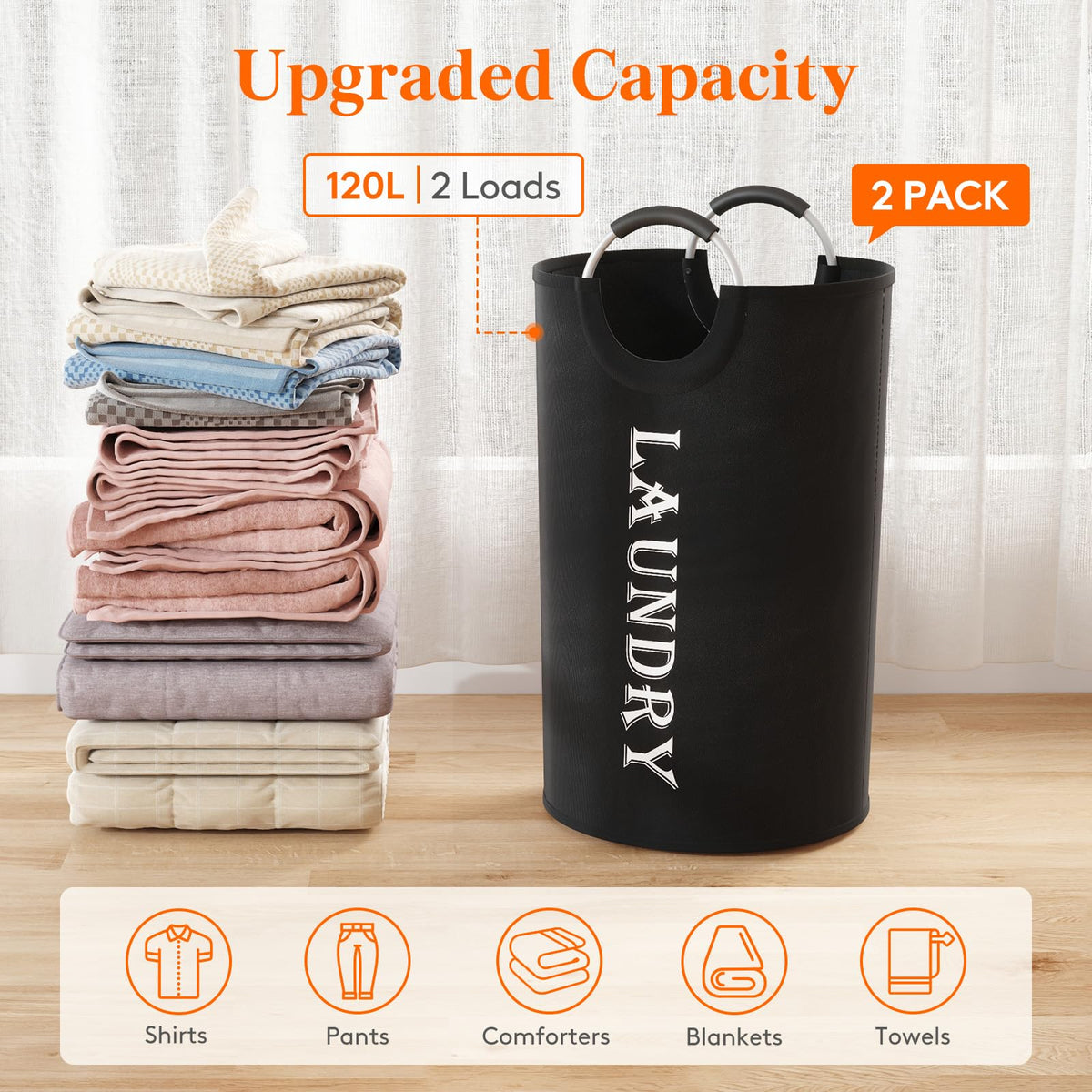 120L 2-Pack Large Laundry Basket, Collapsible Laundry Hamper with Aluminum Handles, Waterproof Freestanding Dirty