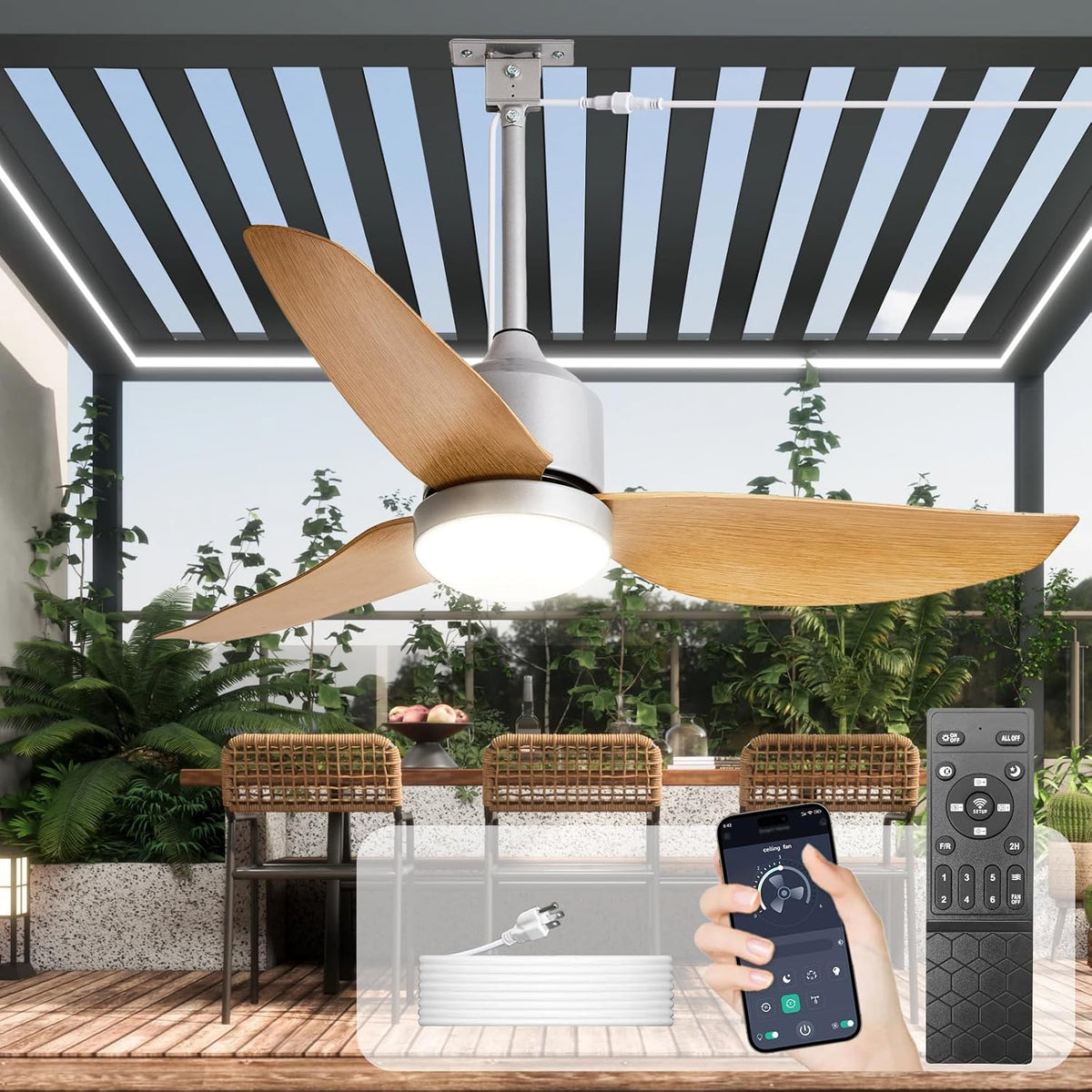 42" Wood Outdoor Flush Mount Ceiling Fan with Light & Remote