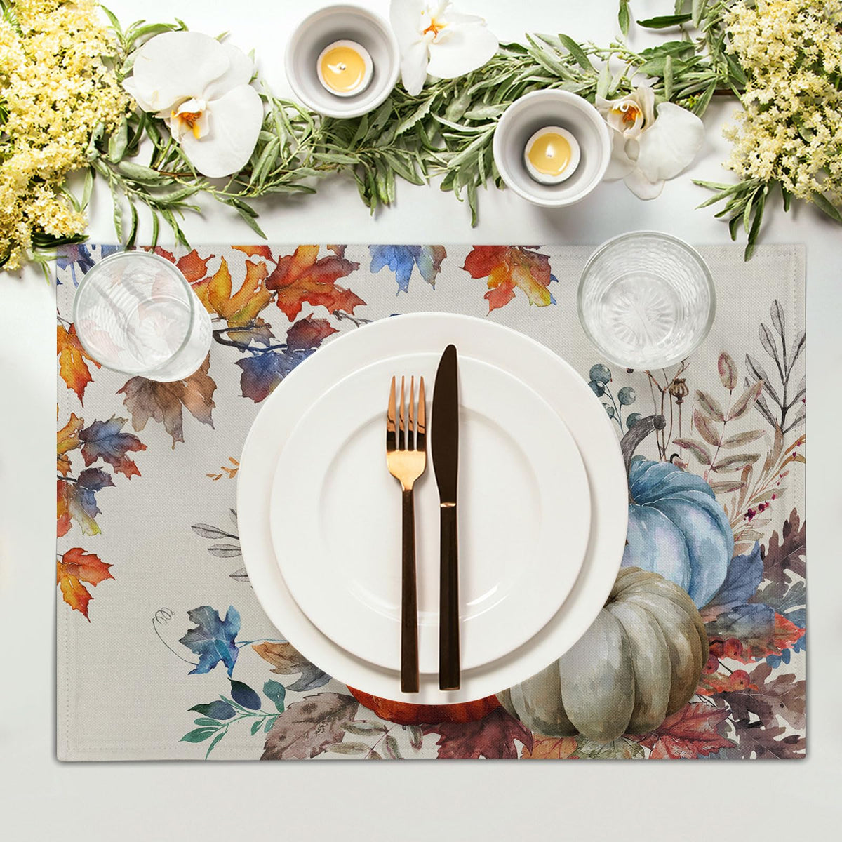 Fall Placemats Set of 4, 12 x 18 Inch Blue and Orange Pumpkin Fall Maple Leaves Washable Heat Resistant Rectangle