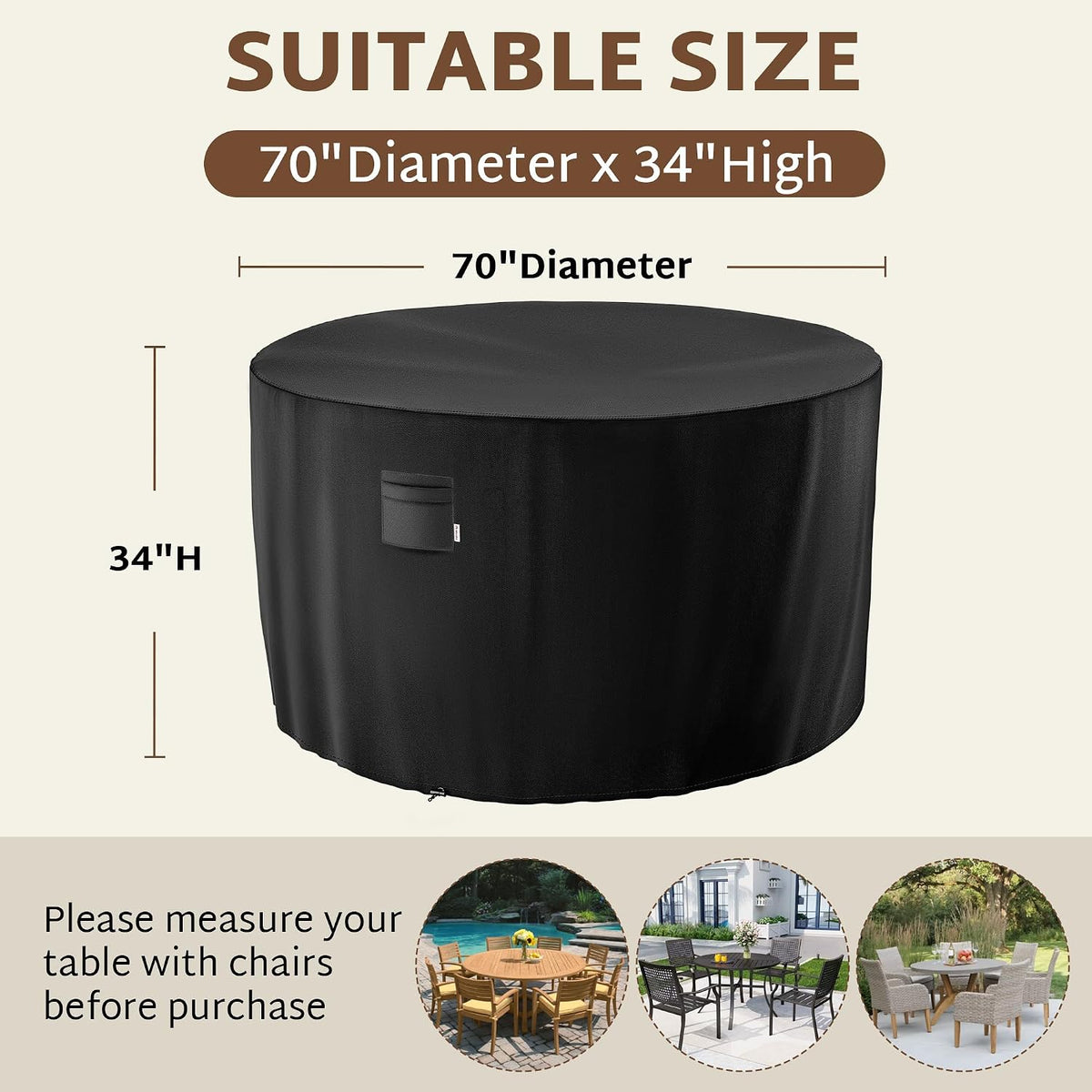 Outdoor Round Table Cover 70 x 34 inch, 6 ft, Waterproof, 600D