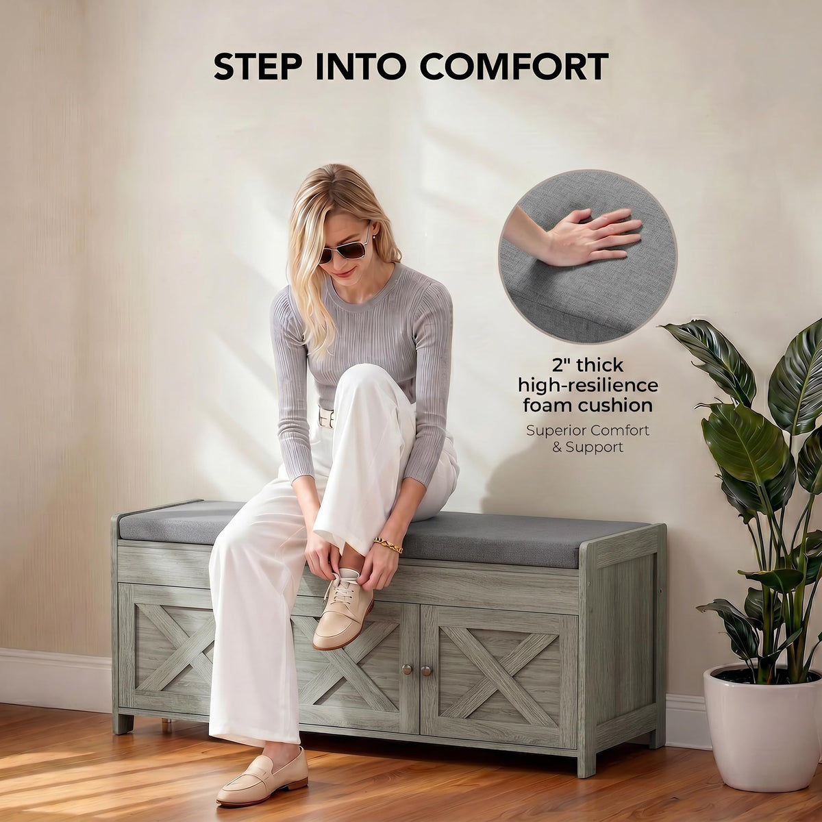 Shoe Storage Bench with Seating, Farmhouse Entryway Bench, Grey