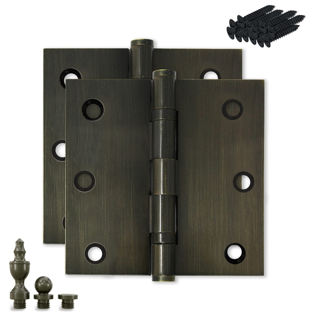 Solid Brass Door Hinge Heavy Duty Ball Bearing 3.5 x 3.5 Inch with Decorative Screw-on Tips Included - Set of 2