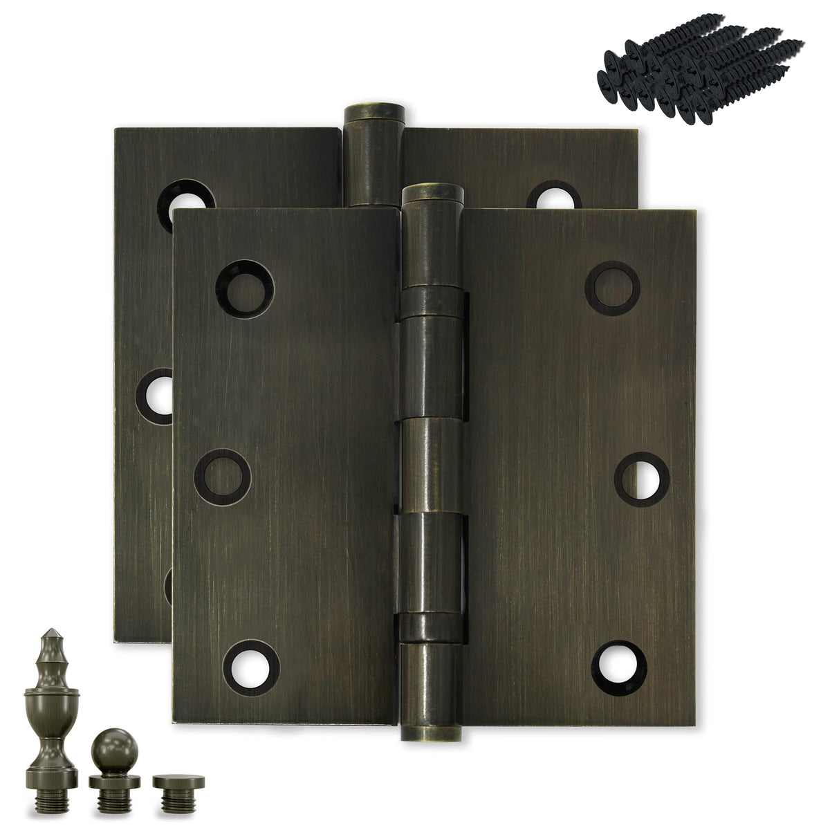 Solid Brass Door Hinge Heavy Duty Ball Bearing 3.5 x 3.5 Inch with Decorative Screw-on Tips Included - Set of 2