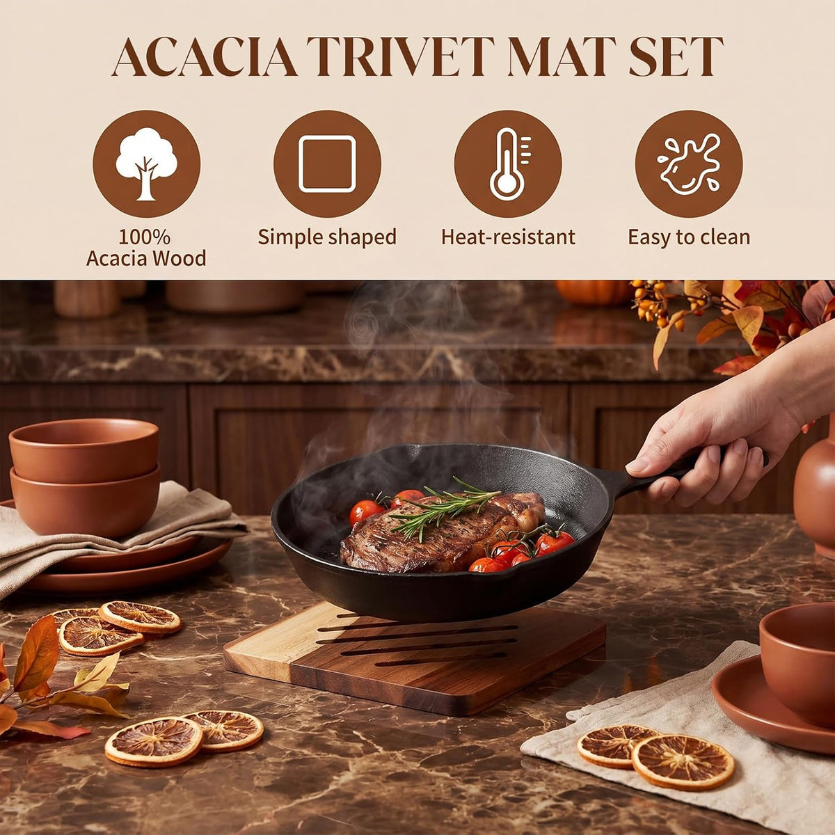 Acacia Trivet Mat and Trivet Holder Set 5.8 inch 7 inch Thicken Acacia Wood Hot Pads Trivets Heat Resistant - Set of 5
