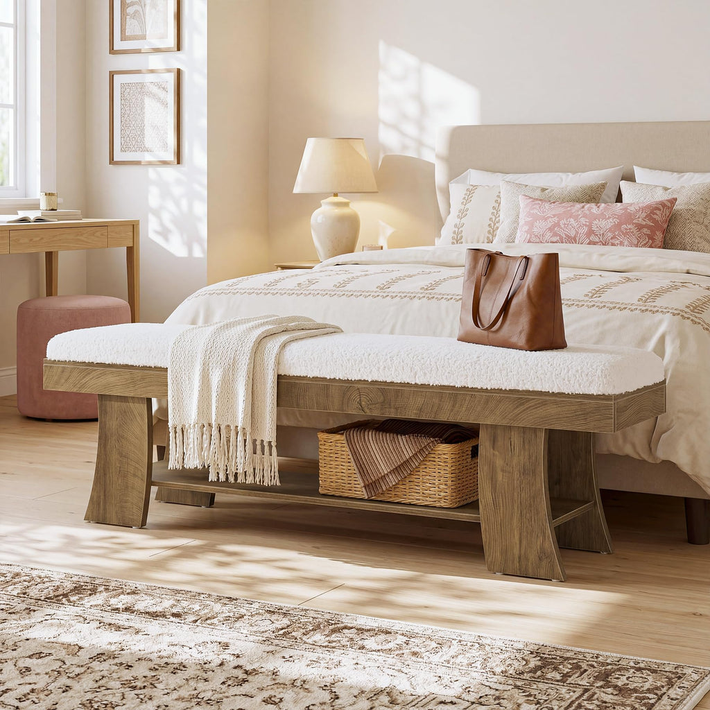 59-Inch Upholstered Entryway Bench with Storage Shelf, Indoor Cushioned Shoe Bench Seat, Farmhouse Skinny End of Bed