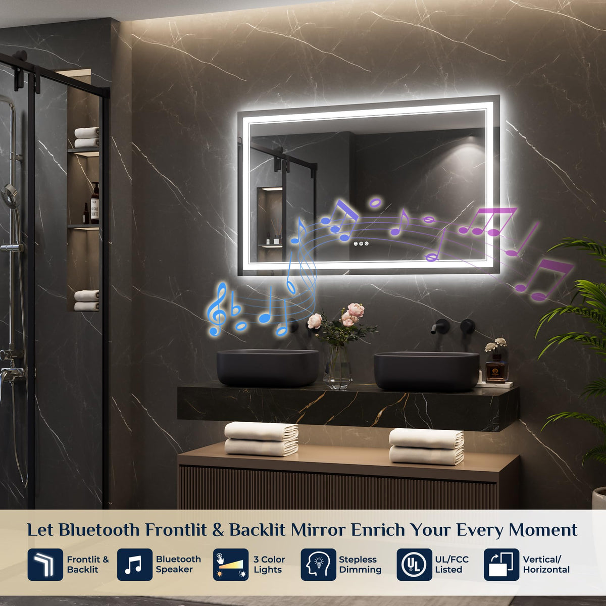 48" x 30" Lighted Mirrors Wall, Frontlit & Backlit