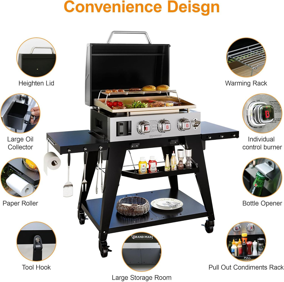 3-Burner Portable Propane Gas Griddle with Lid, 28,000 BTU Flat Top Grill, 504 Sq. In. Cooking Area, Folding Side Tables and Rolling Cart for Outdoor BBQ and Camping