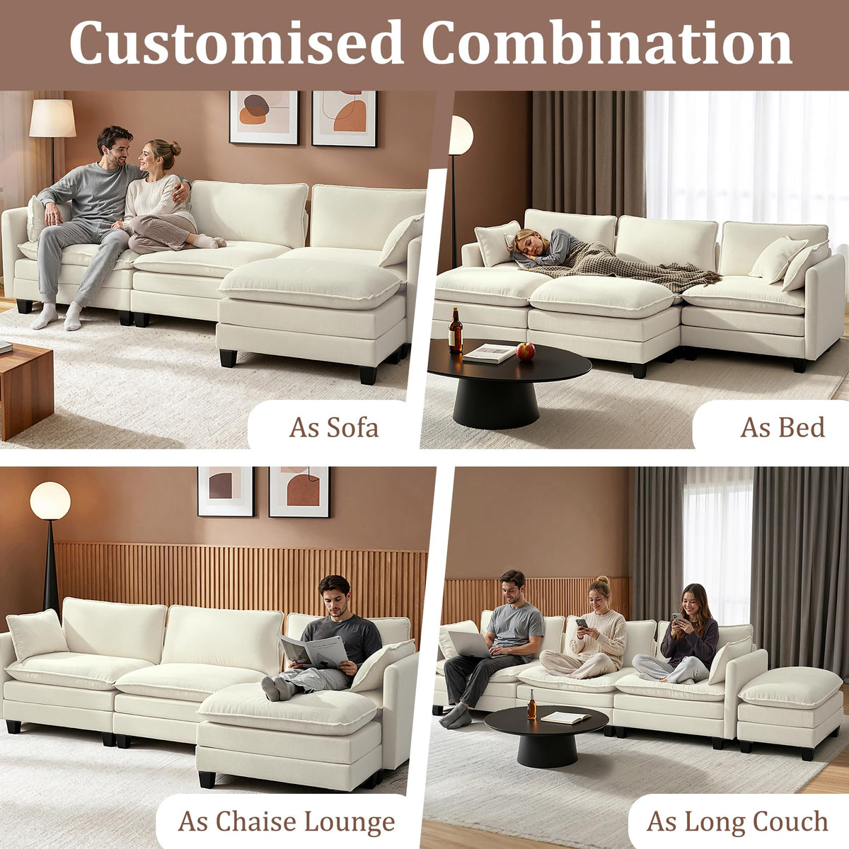 147" Modular Sectional Sofa with USB Charging Port, Water-Repellent Stain-Resistant Fabric, Deep Seat 6-Seat U Shaped
