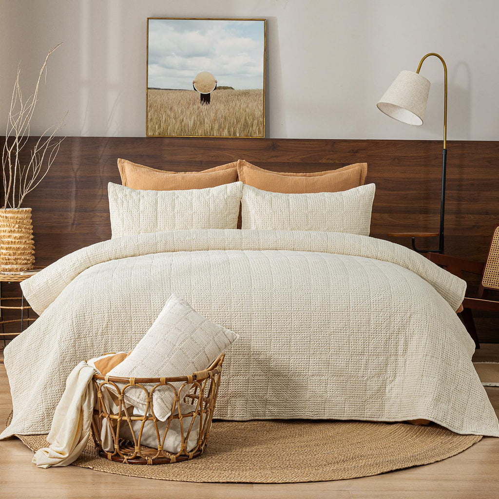 Enzyme-Washed Waffle Quilt Set (106"x90") - 100% Cotton Cover, 3PCS Soft Lightweight Square Quilted Bedspread