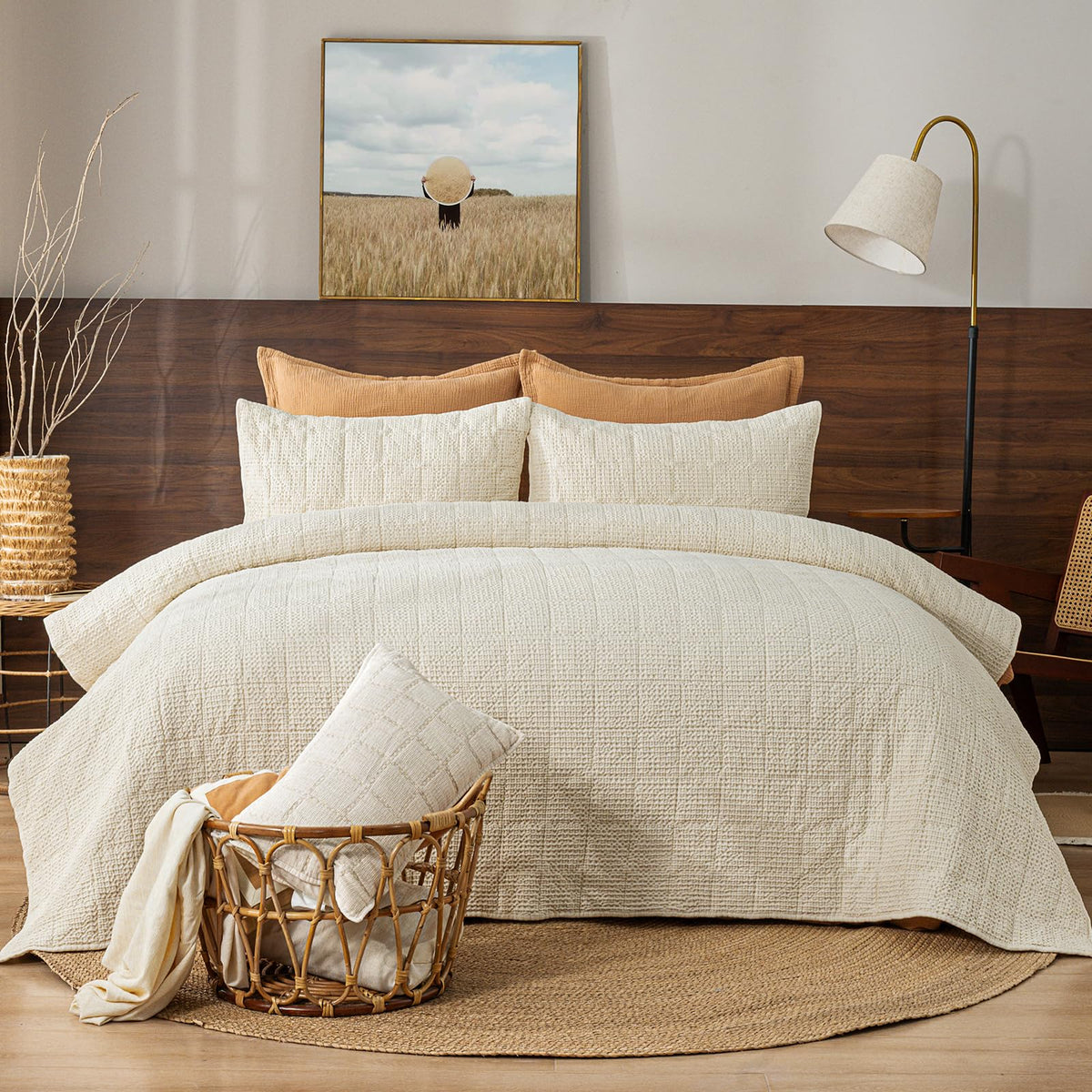 Enzyme-Washed Waffle Quilt Set (106"x90") - 100% Cotton Cover, 3PCS Soft Lightweight Square Quilted Bedspread