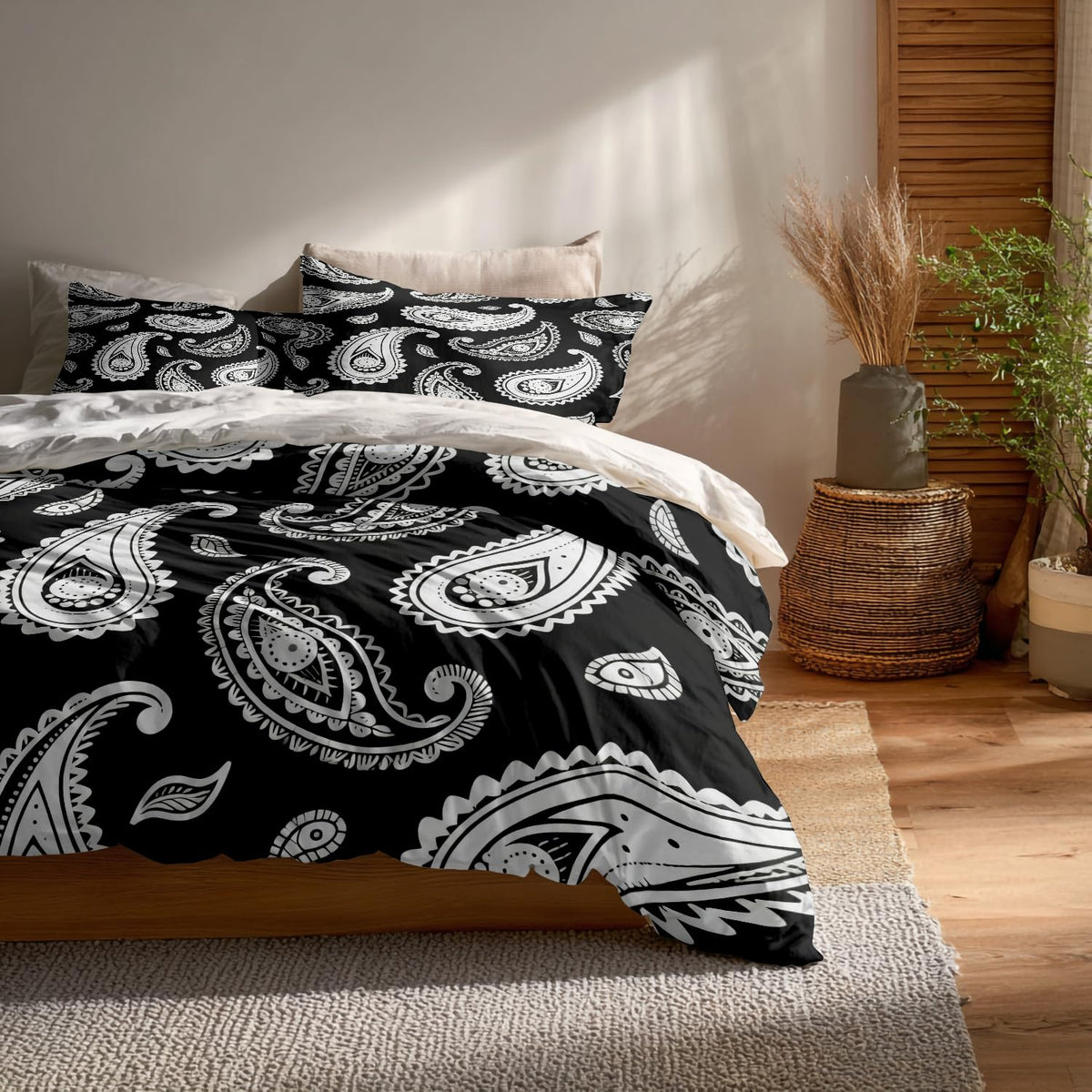 Black Paisley Floral Duvet Cover Set, 3 Pieces Bandana Silk Neck Scarf Kerchief 100% Cotton Bedding Set
