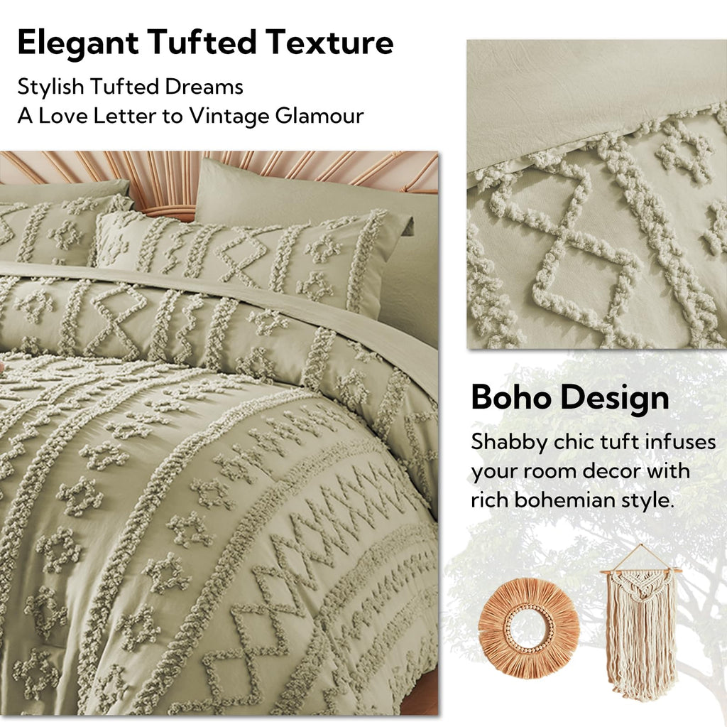 Queen Comforter Set 7 Pieces, Tufted Boho Beddding Set Sage Green