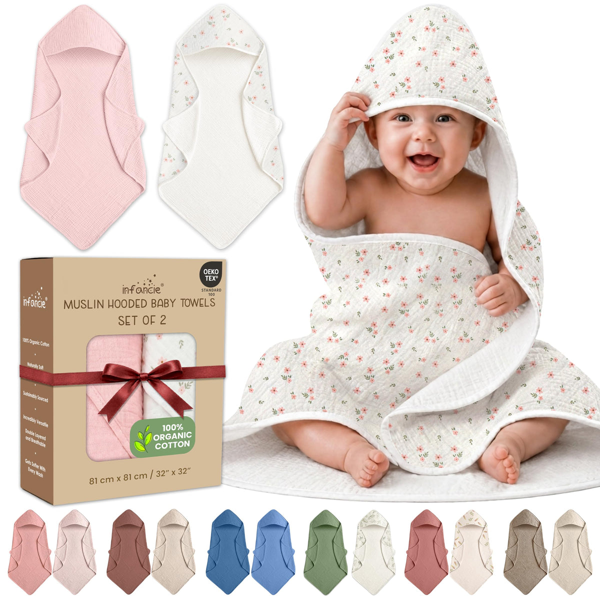 TEX 100% Organic Cotton 2 PK Muslin Baby Hooded Towels Newborn 32x32in