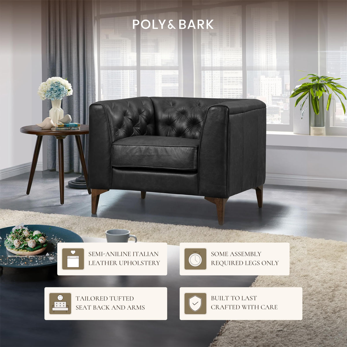 & BARK Essex 40" Lounge Chairs Set of 2 - Onyx Black Semi-Aniline Italian Leather, Tufted Back & Arms, Feather-Down