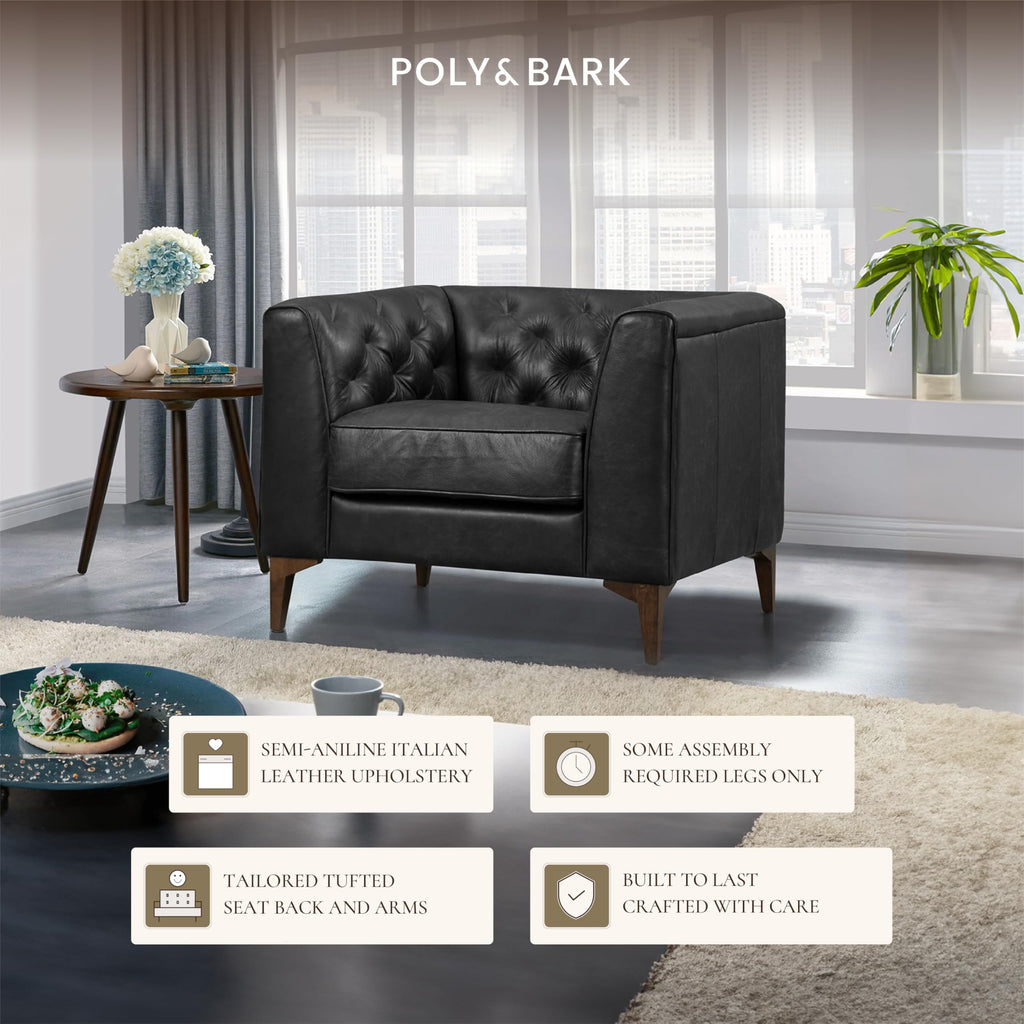 & BARK Essex 40" Lounge Chairs Set of 2 - Onyx Black Semi-Aniline Italian Leather, Tufted Back & Arms, Feather-Down
