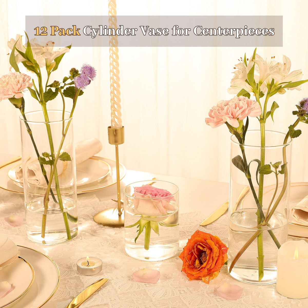 12pcs 8 Inch Clear Glass Cylinder Vases for Centerpieces