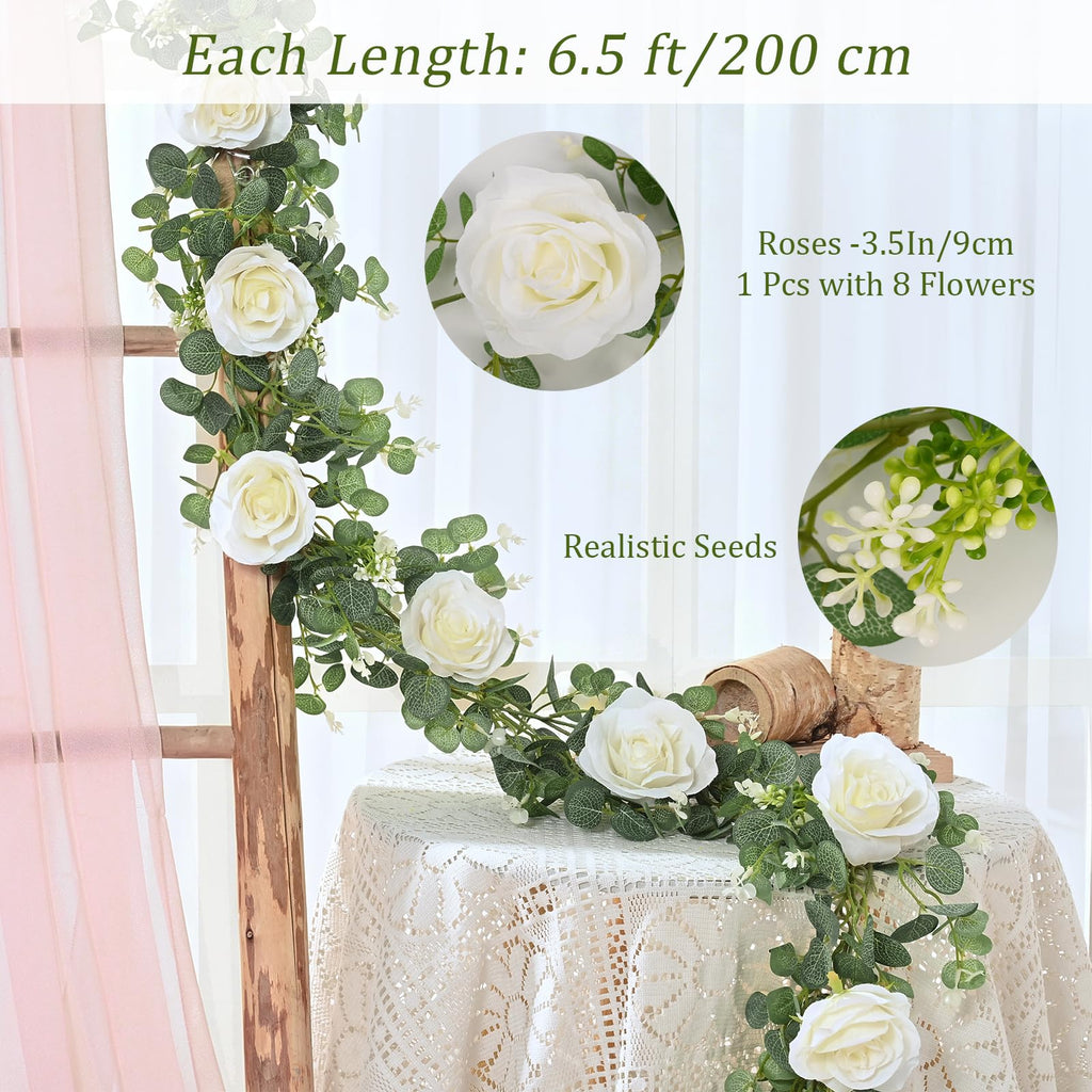 2Pcs 13Ft Artificial Eucalyptus Garlands with Flowers - 8 Roses, Faux Floral Greenery Garlands Fake Flowers Vines for