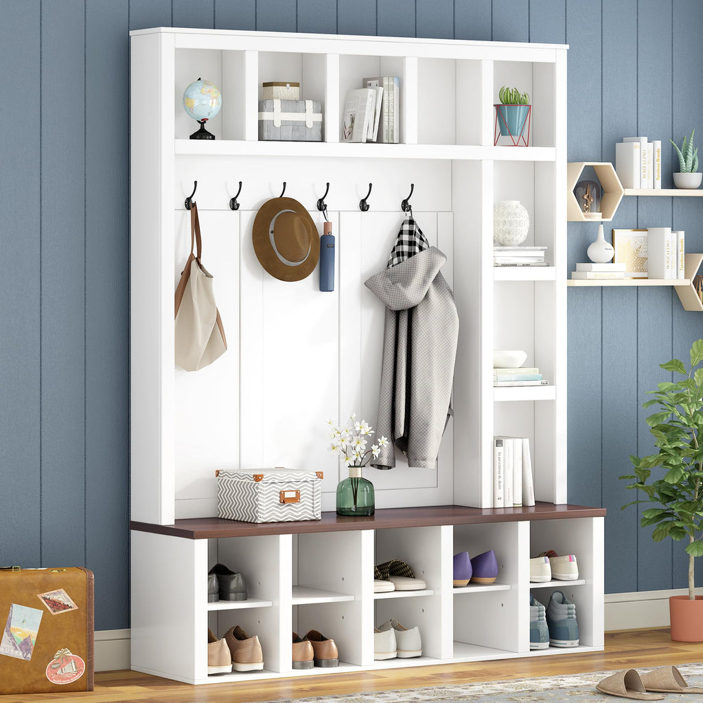 Versatile 59'' Wide Hall Tree with 6 Hooks and Multiple Storage Space, Farmhouse Practical Walnut Storage Bench with