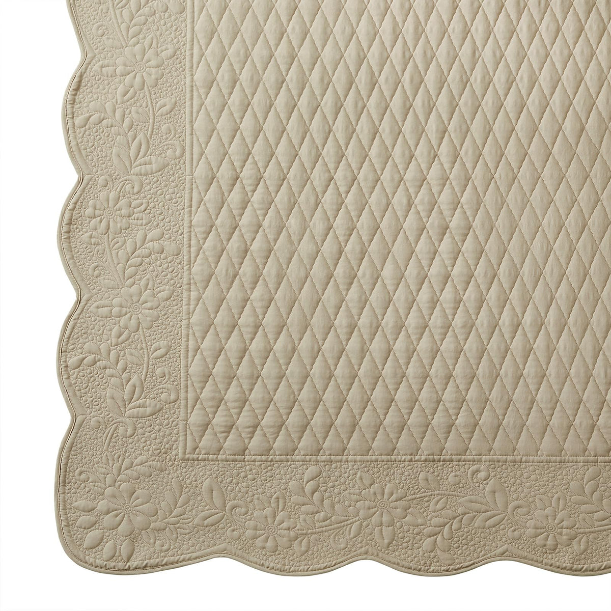 Khaki Pre-Washed Quilt Set, Embroidered Scalloped Edge Diamond Quilted Bedspread with Matching Pillow