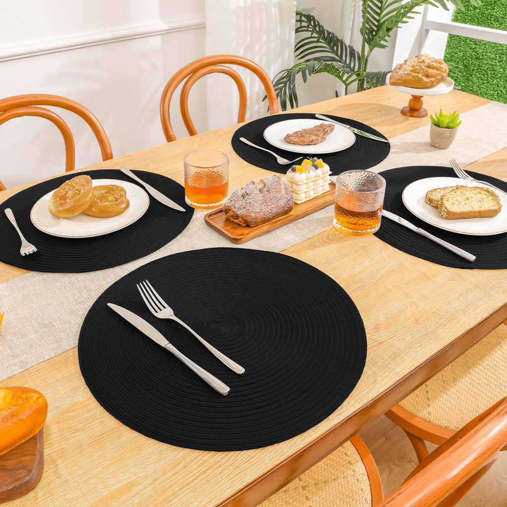 Round Braided Placemats Set of 8 Washable Cotton Polyester Woven Round Table Mats for Dining Tables 15 inch (Black, 8)