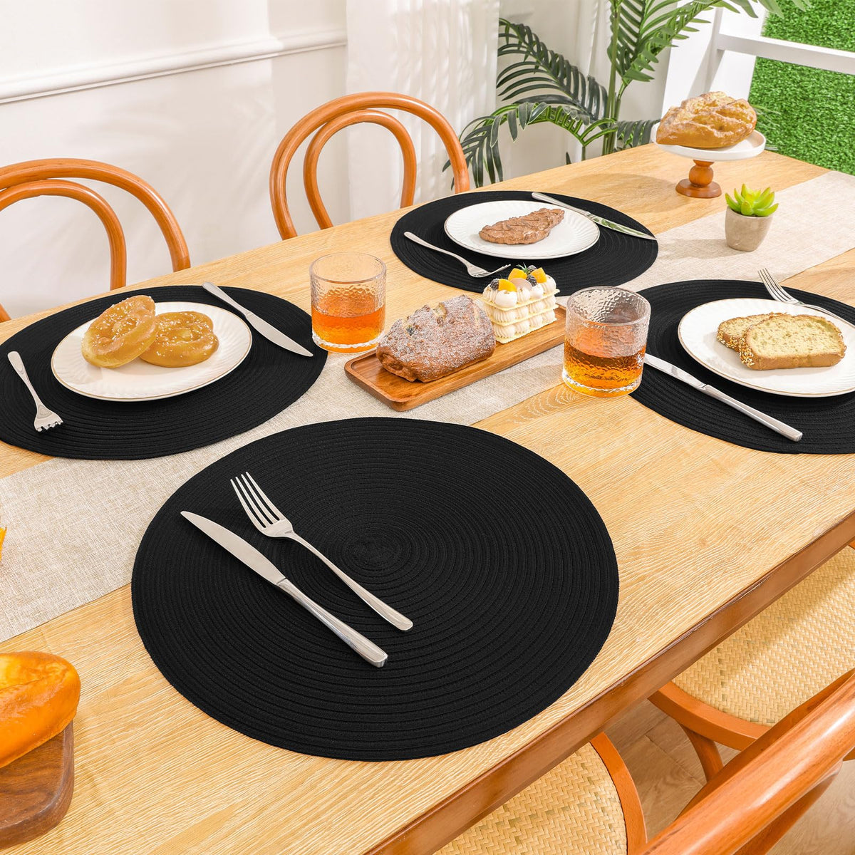 Round Braided Placemats Set of 8 Washable Cotton Polyester Woven Round Table Mats for Dining Tables 15 inch (Black, 8)