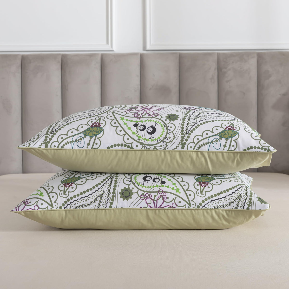 100% Cotton Duvet Cover Set 3 Pieces Sage Green Paisley Bedding, Modern Botanical Floral Paisley Comforter