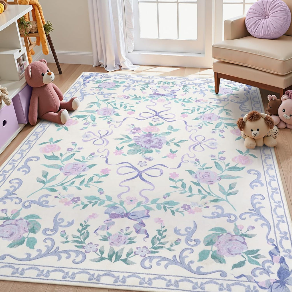 Purple Floral and Bow Washable Nursery Rug for Girls Bedroom