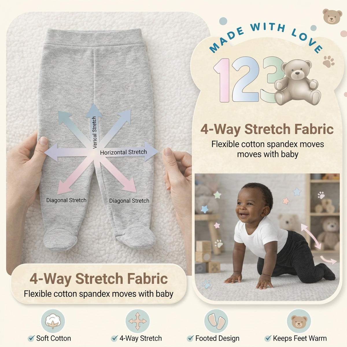 Baby Footed Pants with Footies, Boy Girl, Lilac