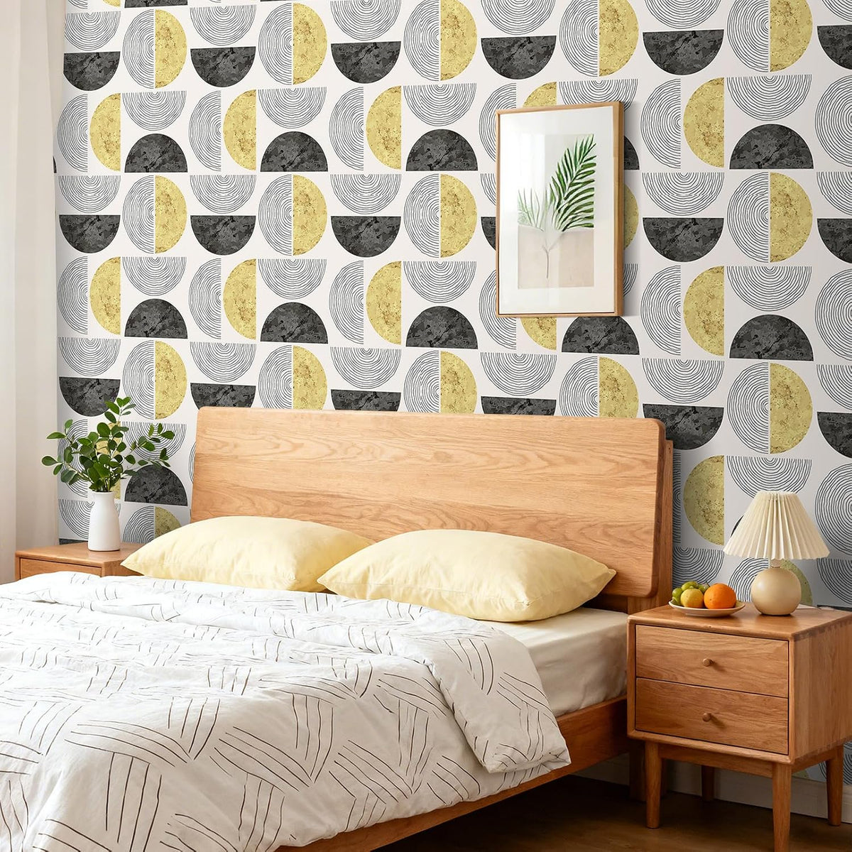 17.5"x275" Mid Century Modern Geometric Peel and Stick Wallpaper Gold Black Half Circle Wallpaper Bedroom Wall Paper