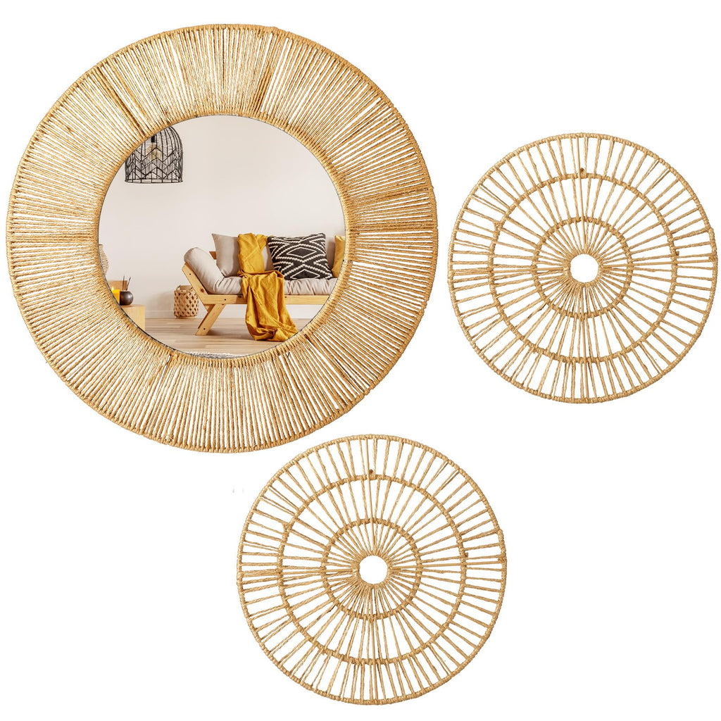 3 Pcs Boho Mirror Wall Decor, Natural Jute Woven Round Mirror, 19.7" Large Decorative Mirrors with 2 Wall Art