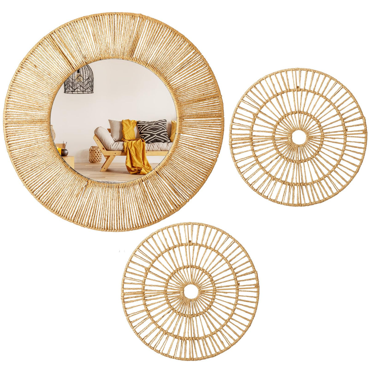 3 Pcs Boho Mirror Wall Decor, Natural Jute Woven Round Mirror, 19.7" Large Decorative Mirrors with 2 Wall Art