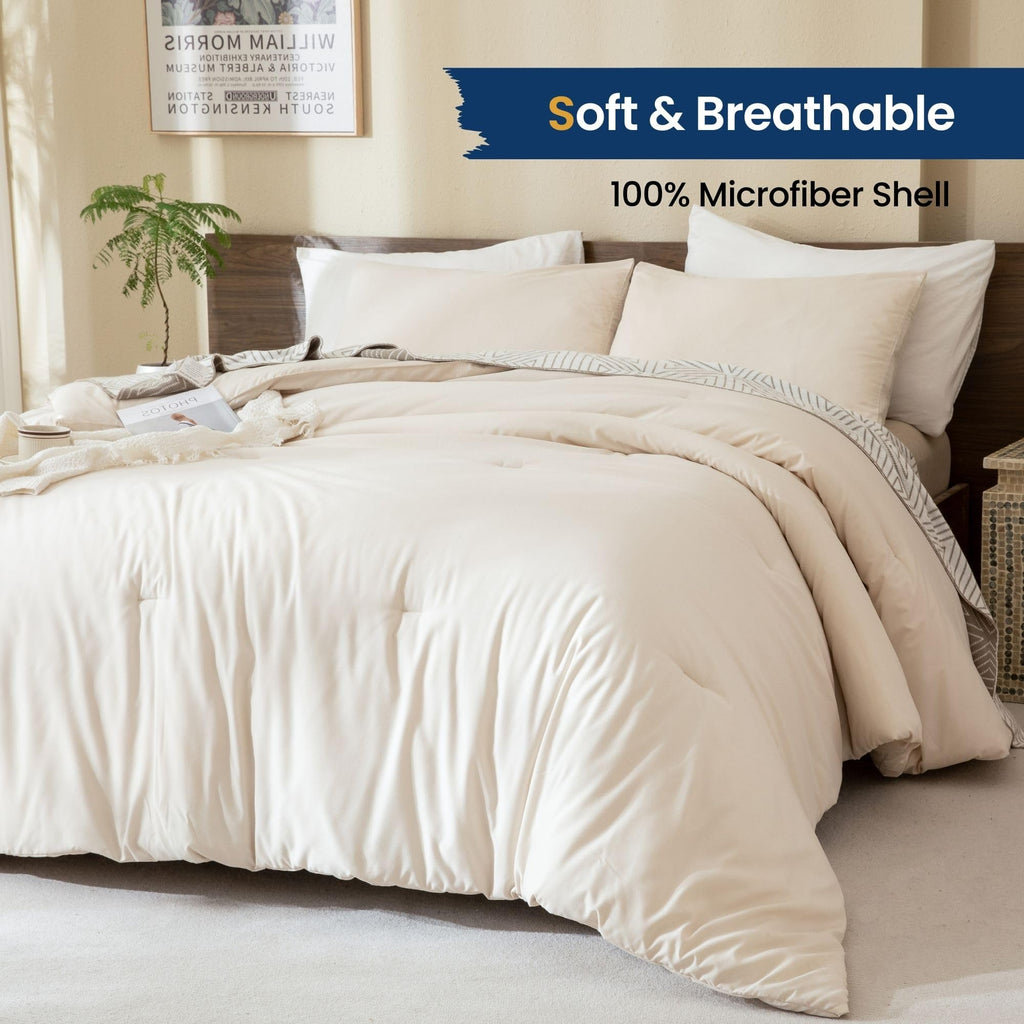 Beige Comforter Set King Size, Cream 3 Pieces Comforter Set, Lightweight Solid Neutral Bedding Set, All Seasons Soft