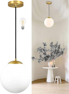8 Inch Gold Modern Globe Pendant Light White Glass with Brass Finish Contemporary Mid Century Adjustable Hanging