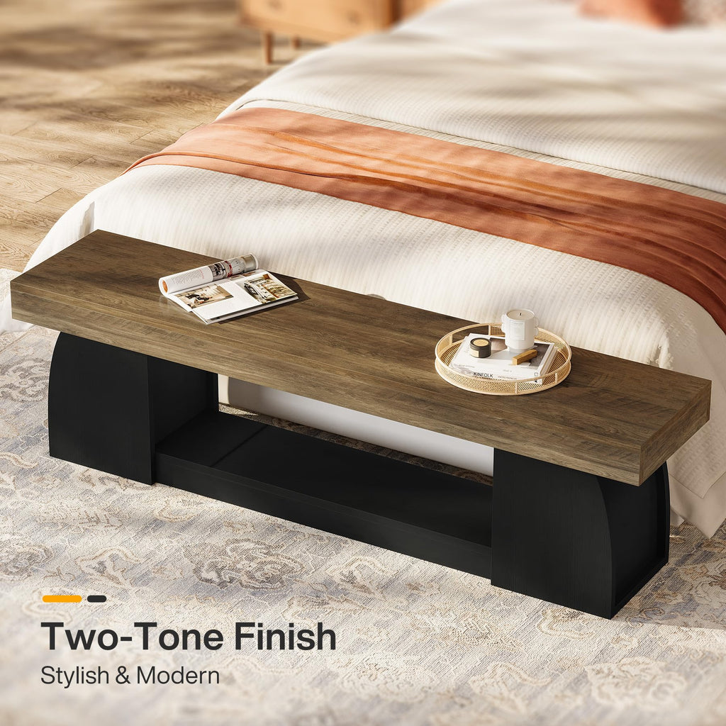 63" Entryway Bench with Storage, 2-Tier Farmhouse Long End of Bed Bench with Studry Frame, Narrow Wooden Indoor Shoe