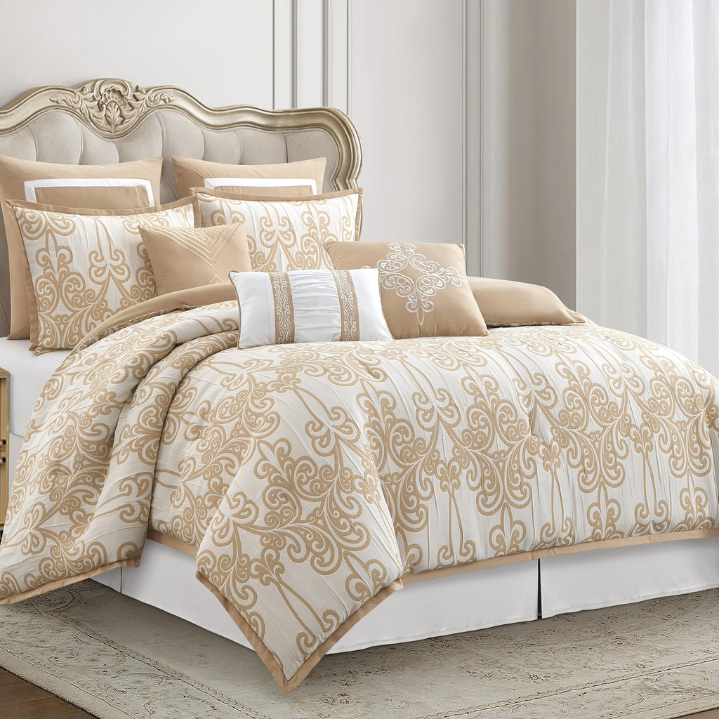9 Piece Beige Gold Comforter Set, Luxury Jacquard Woven with Modern Scroll Design, Bed in a Bag for