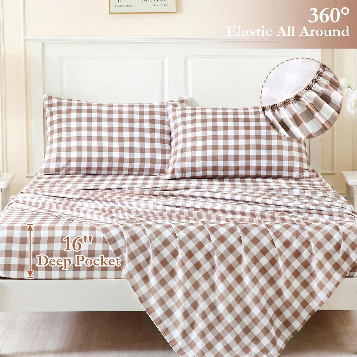 Sheet Set Tan Gingham Plaid, 4-Piece Brushed Microfiber Taupe Grid Bed Sheets, 16" Deep Pocket, Ultra Soft