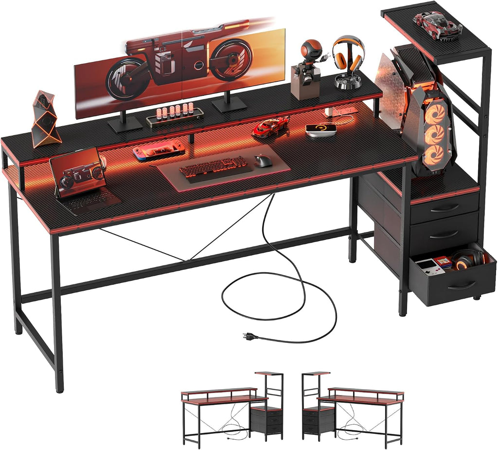 60 inch Gaming Desk with Drawers, Reversible Computer Desk, Black | Gamer Desk with LED Lights, Power Outlets &