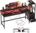 60 inch Gaming Desk with Drawers, Reversible Computer Desk, Black | Gamer Desk with LED Lights, Power Outlets &