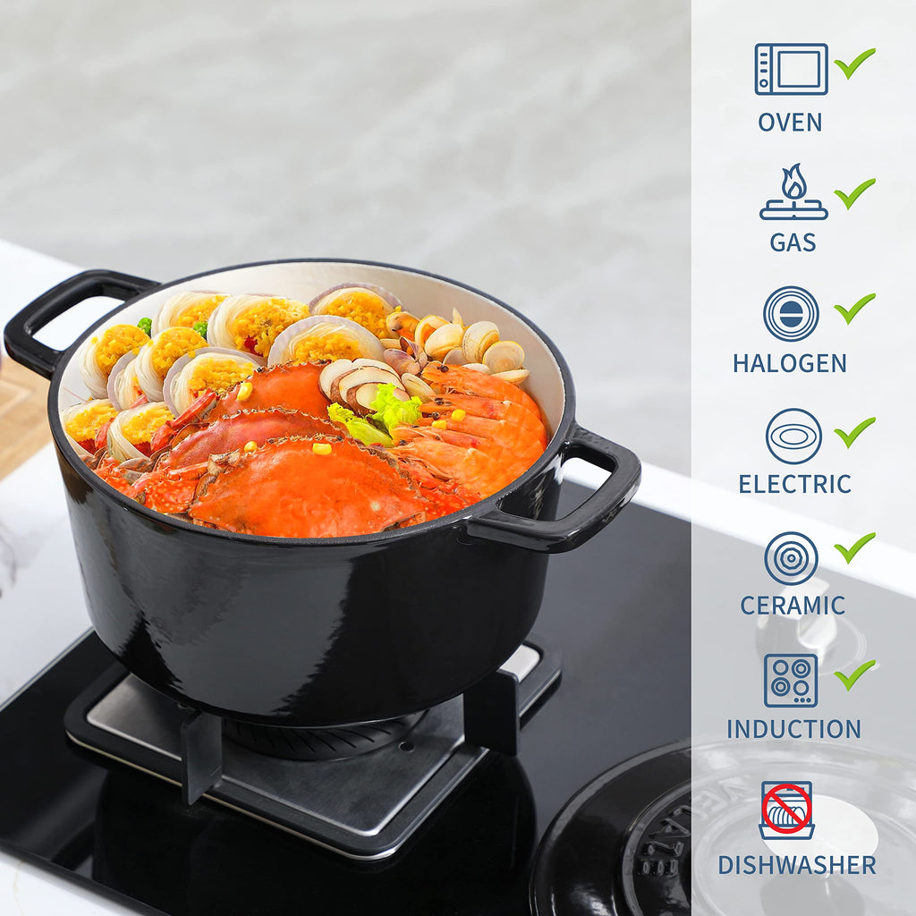 6 QT Enameled Cast Iron Dutch Oven Pot with Lid, Black