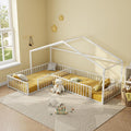 Double L-Shaped Montessori Bed, Metal Corner Hose Bed Frame with Fence, House-Style Floor Bed for 2
