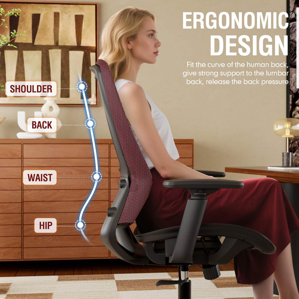 Ergonomic Mesh Office Chair — Burgundy Red, Breathable Mesh Seat & Back
