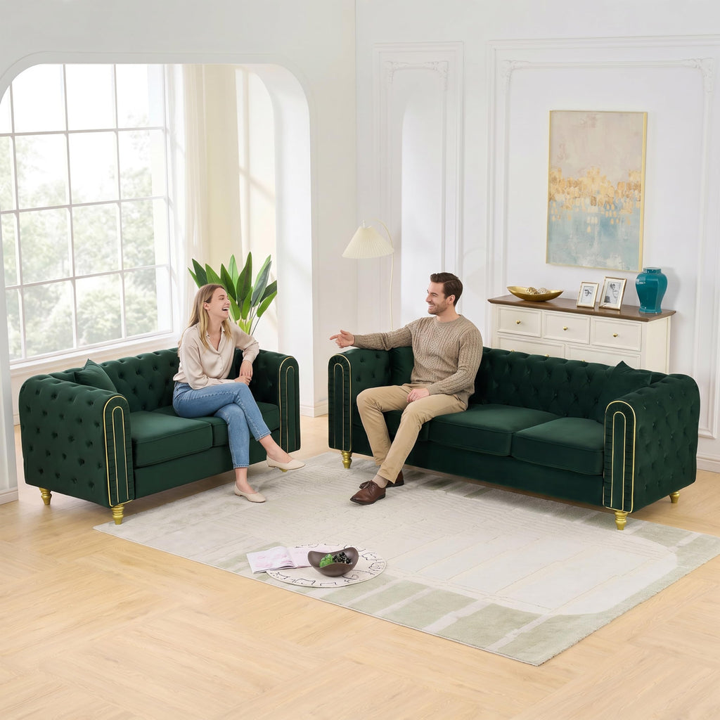 Chesterfield 86" 3-Seater + 63" Loveseat Green Sofa Sets, 3+2-Seater Couch Comfy Sofa, Button Tufted Rolled Arms and
