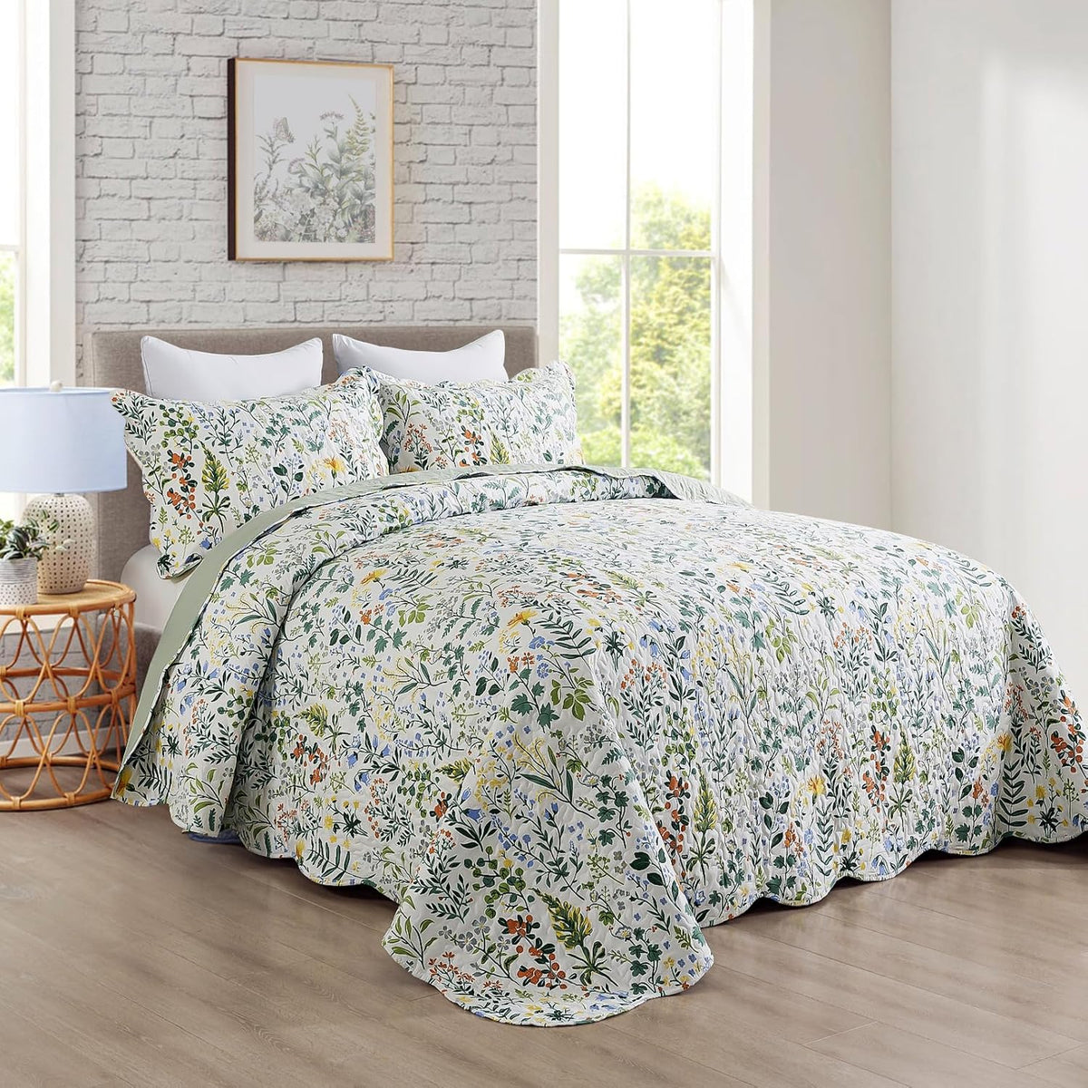 3-Piece Quilt Set Quilted Bedspread Lightweight Coverlet Set Garden Style Floral Printed Quilted Bedding, Queen Size