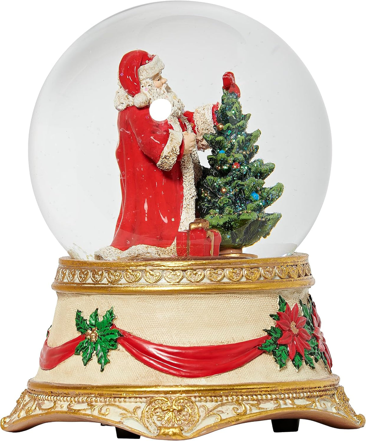 Musical Santa & Tree Glitterdome, 5.75" H, 100MM Water Globe with Poinsettia & Gold Base, Christmas Snow Globe