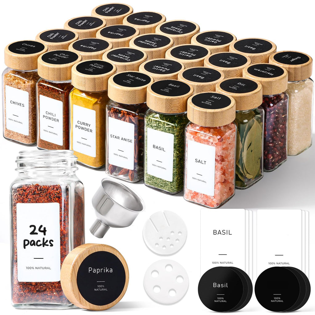 Glass Spice Jars with with Labels 4 oz 24 Pack Bamboo Lids Bulk Set