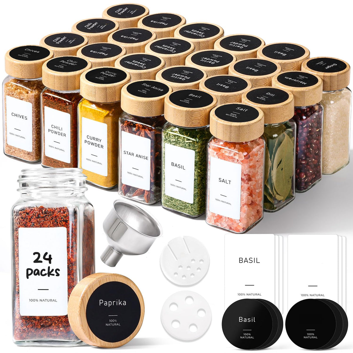 Glass Spice Jars with with Labels 4 oz 24 Pack Bamboo Lids Bulk Set