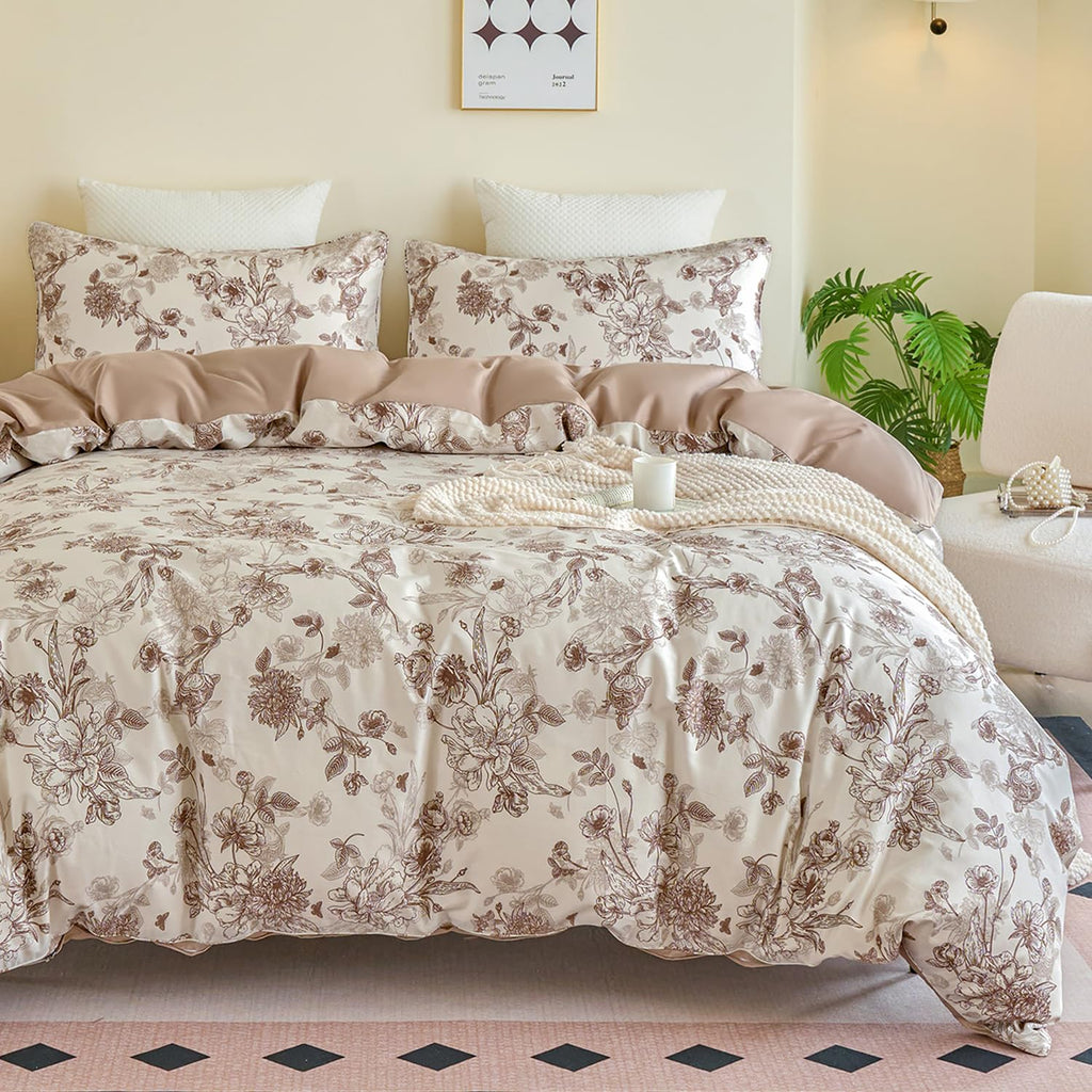 Brown Floral Duvet Cover Set 100% Percale Cotton Shabby Vintage Toile Flower Printed Comforter Covers with