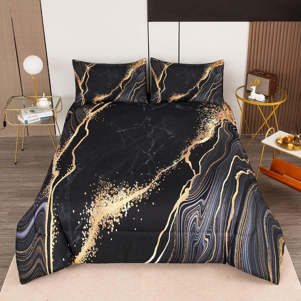 Marble Comforter Set Queen, Black and Gold Soft Microfiber Bedding with 2 Pillowcases